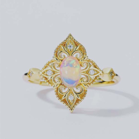 Gold Vermeil Genuine Opal Stone Vintage Ring for her Natural Opal Gemstone Ring - Picture 4 of 7
